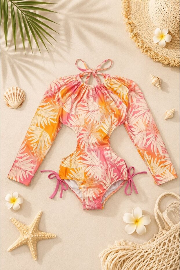 Girl's Water-Repellent Patterned Sea & Pool Swimsuit 8-12 Years