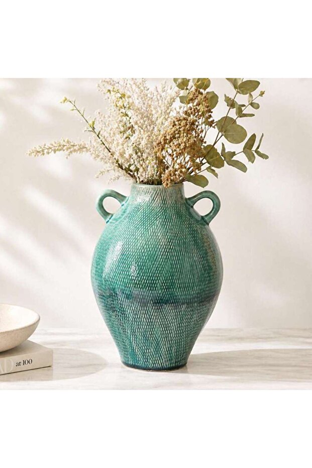 Yuto Stoneware Ombre Vase With Handle 20x20x28cm - Turquoise Blue