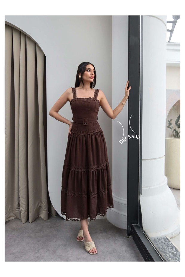 Lace Embroidered Belted Midi Dress