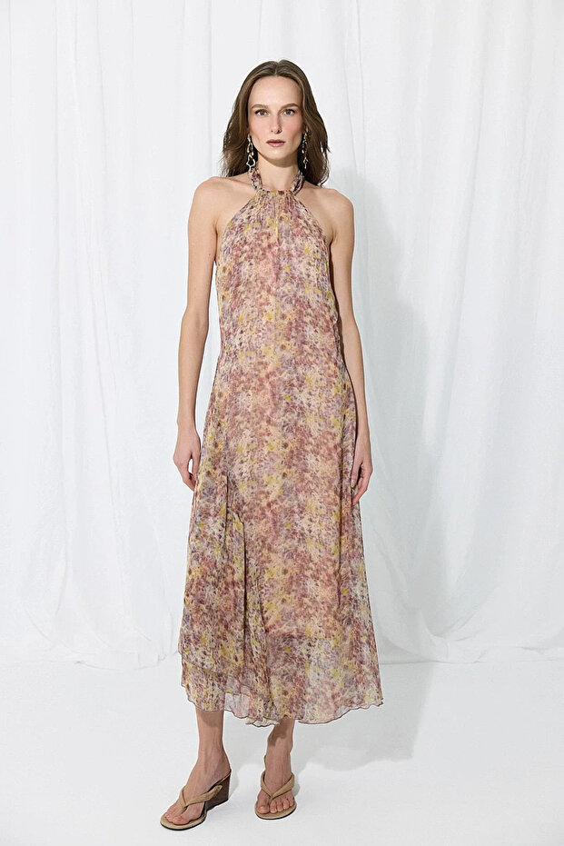 Trace Collection Halter Neck Long Chiffon Evening Dress - Purple