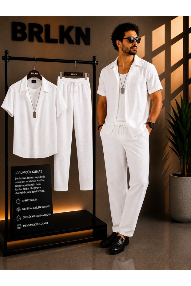 Boyfriend Fit Waffle Fabric Alaçatı Style Unisex Wrinkled Short Sleeve Shirt Track Suit