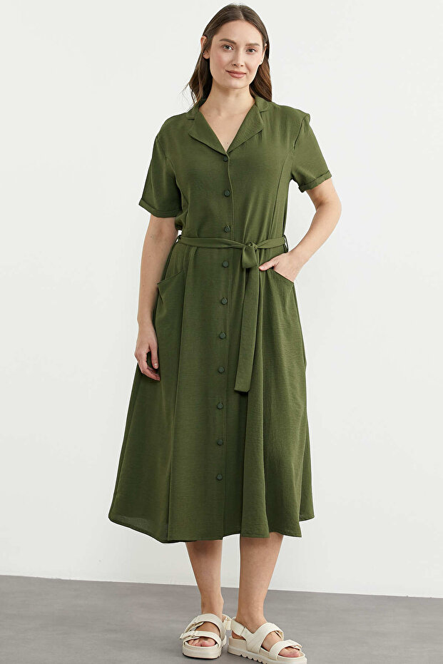 Linen Look Pocket Shirt Dress - Khaki
