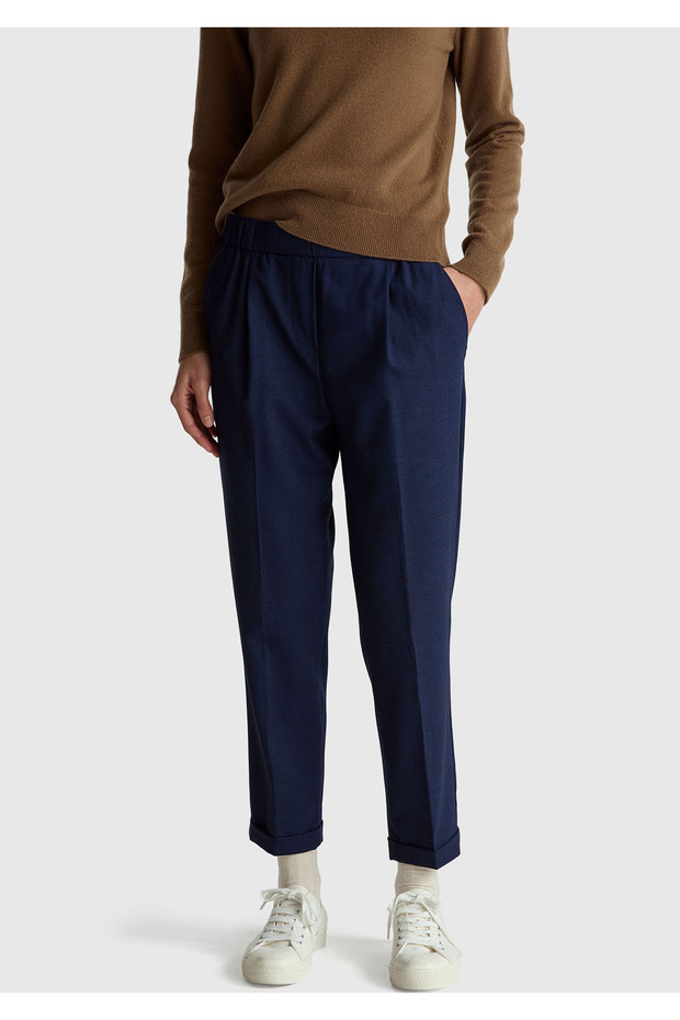Women's Navy Blue Viscose Blend Side and Back Gathered Curly Leg Trousers