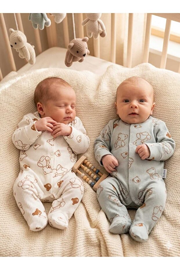Khaki Baby Boy Teddy Bear Patterned 2-Piece Jumpsuit Set Newborn