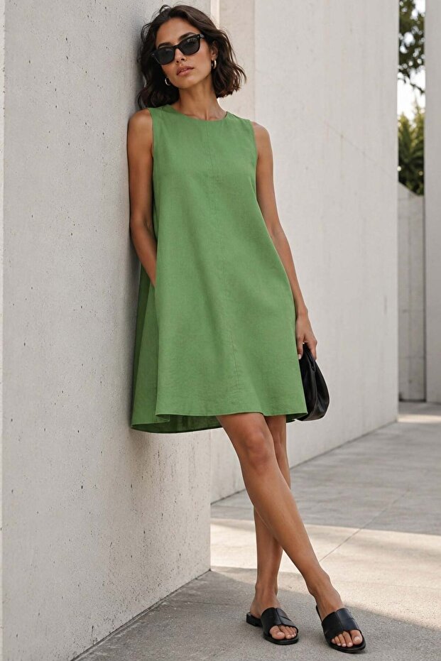 Khaki Zero Sleeve Loose Linen Dress MG1831