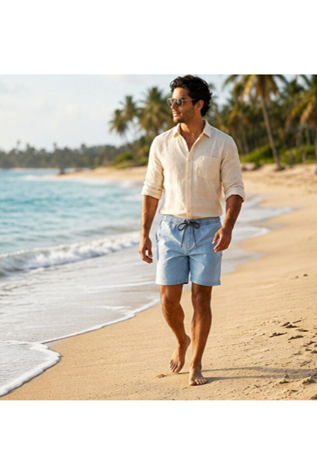 شورت قطني مريح للرجال - أزرق فاتح