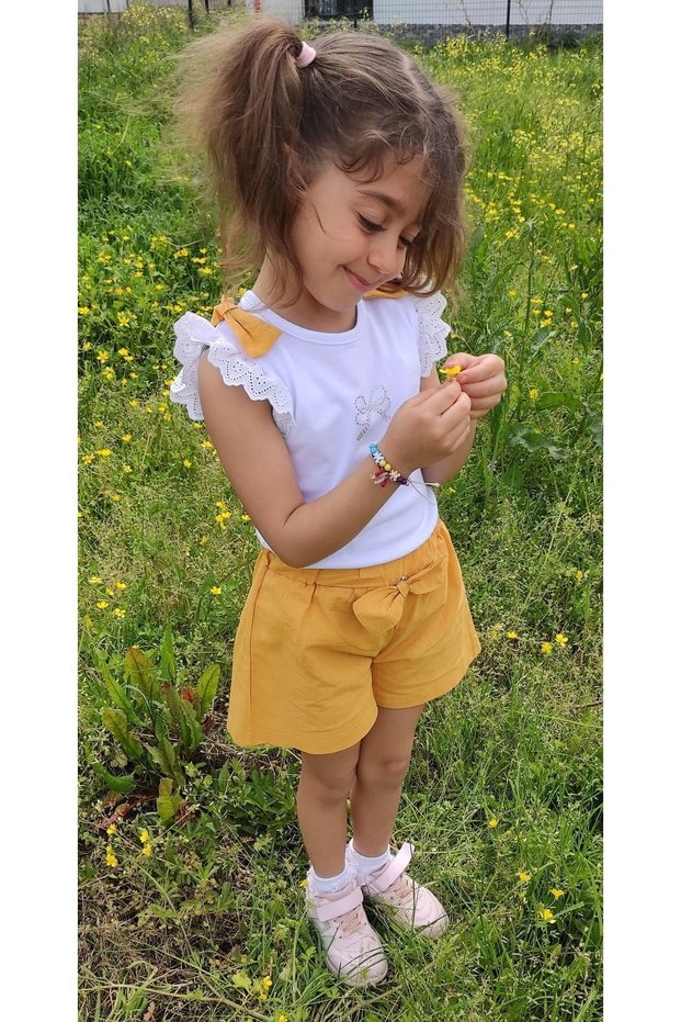 Bow Scallop Sleeve Stone Printed T-shirt Bow Shorts Girl's 2-Piece Set - 2-5 Years
