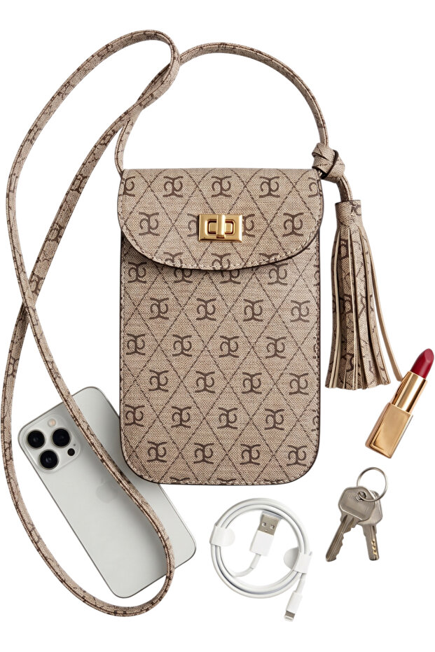 Women's Monogram Patterned Crossbody Bag with Phone Compartment - Tassel Detailed Lockable Mini Bag