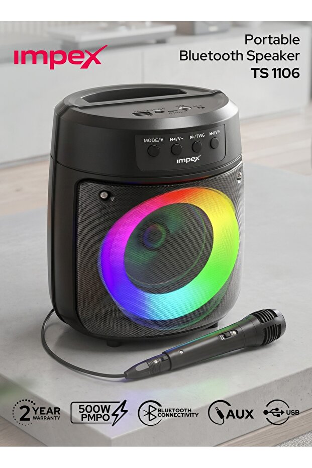 TS 1106 Bluetooth Speaker 500W TWS FM USB Type-C Mic Magic Ring Light 4 Inch Portable Black