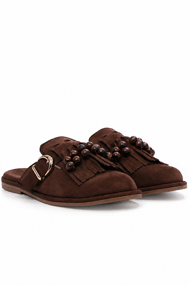 Muse Women's Brown Suede Slippers with Bead and Tassel Detail