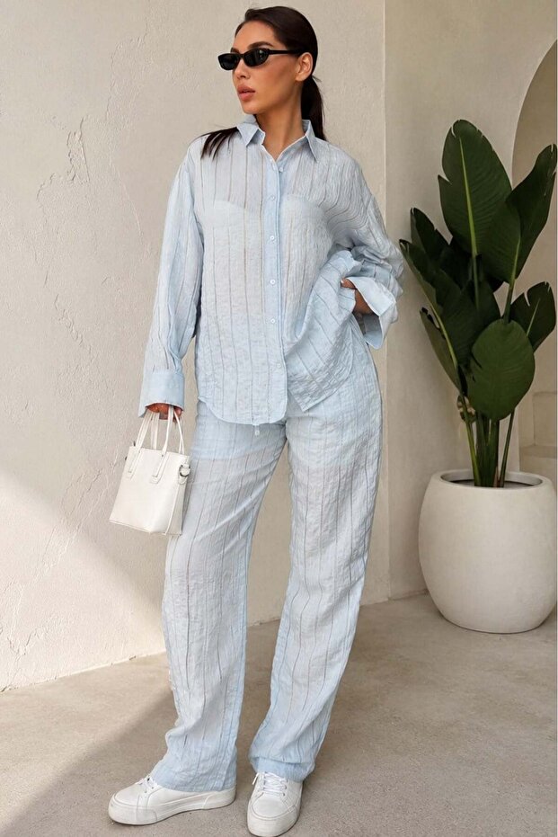 Baby Blue Transparent Relax Fit Striped Suit Mg2740
