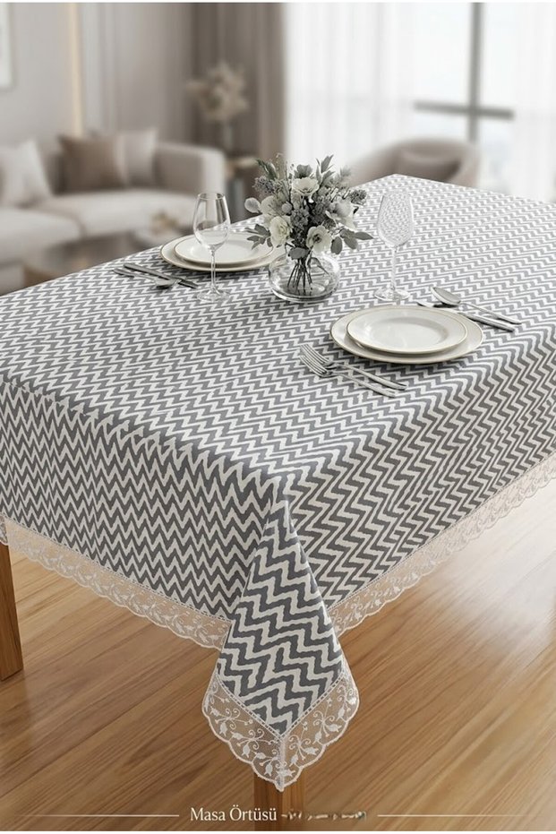 Lace Detailed Tablecloth | Waterproof Duck Fabric | Stain-Resistant, Wipeable, Stylish, Quality Floor Tablecloth