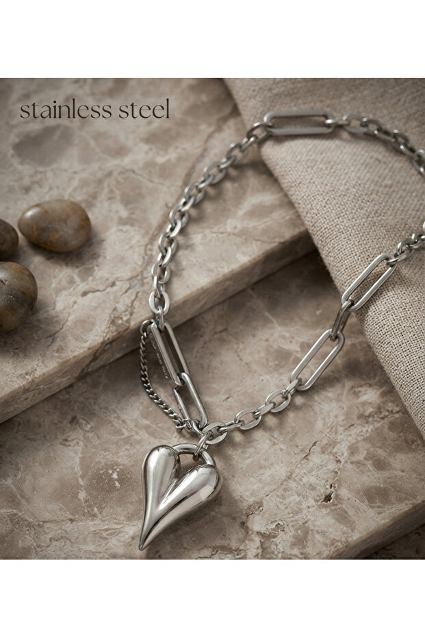Silver Color Chain Heart Motif Steel Bracelet
