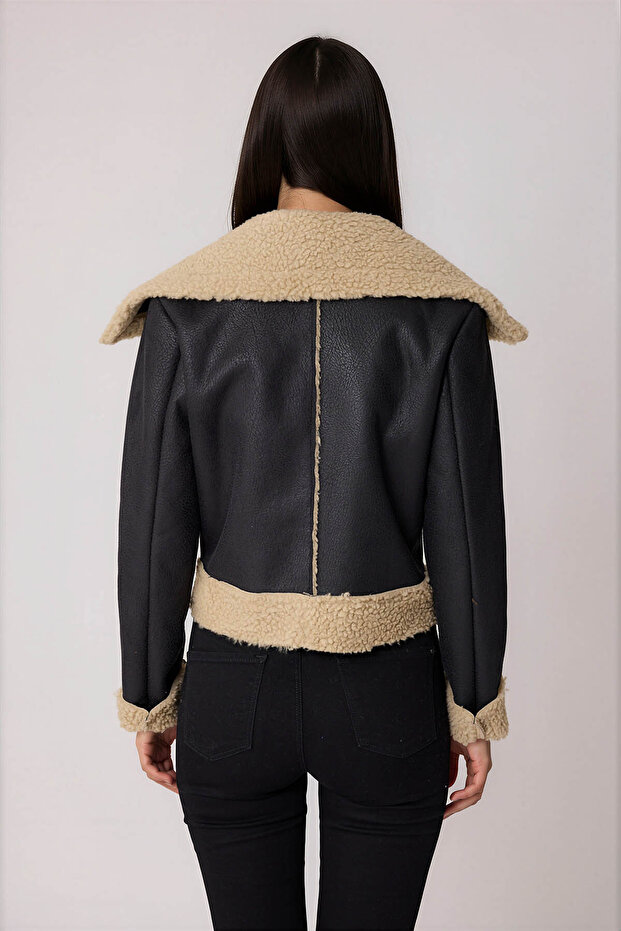 Buttoned Front Furry Crop Biker Jacket - 3