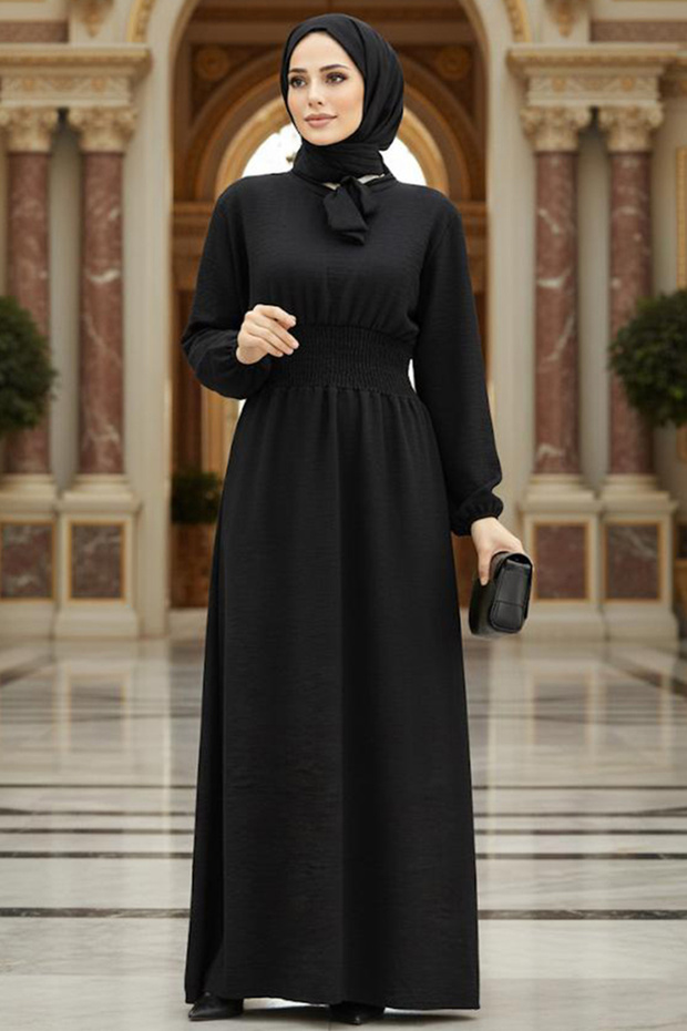 Black Hijab Dress with Tie Collar 5973S