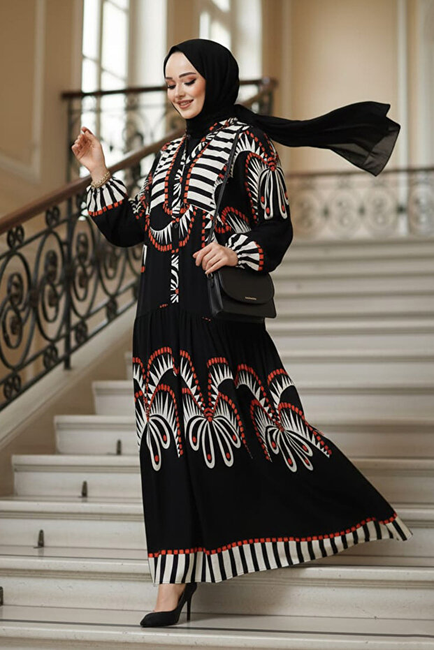 Patterned black hijab dress 18238s