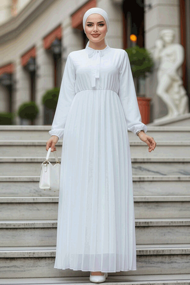 White Hijab Dress with Tie Collar 50351B
