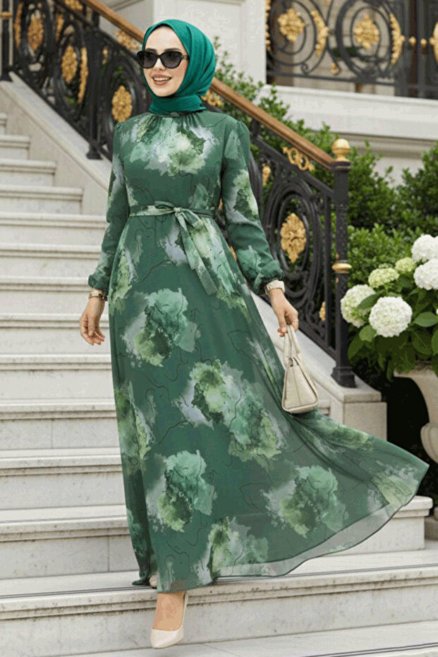 Patterned Khaki Hijab Dress 279313Hk