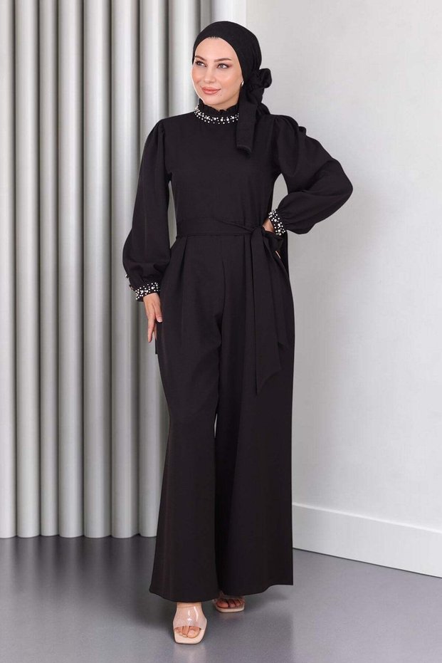 Pearl Detailed Jumpsuit Dress Black 19152