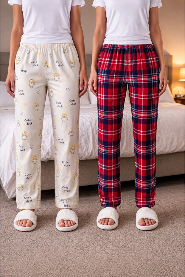 100% Cotton Combed Single Jersey Double Set of 2 Women's Pajama Bottoms