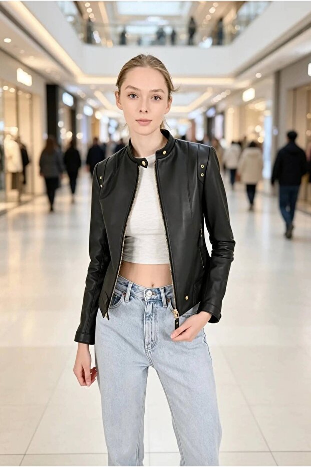 Rio Women's Genuine Leather Short Fit Leather Jacket Black