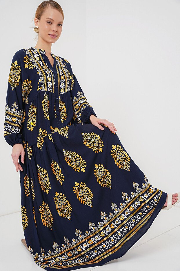Bdart Buttoned V-Neck Patterned Maxi Dress