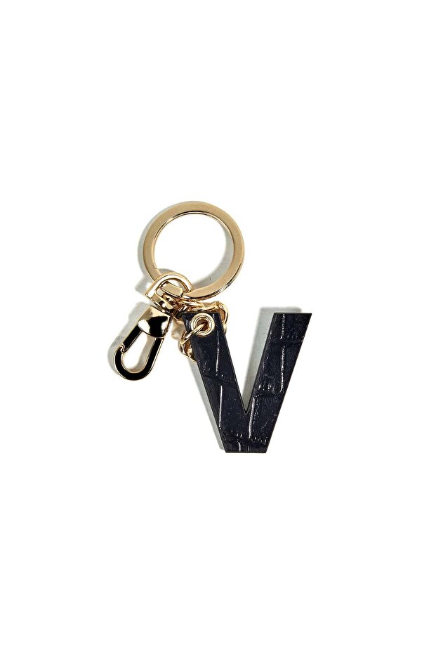 سلسلة مفاتيح جلدية على شكل حرف V باللون الأسود