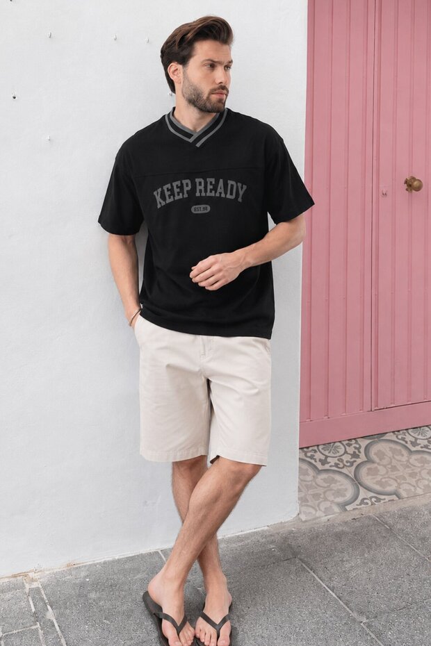 Black V-Neck Printed Short Sleeve Overfit T-Shirt 7039