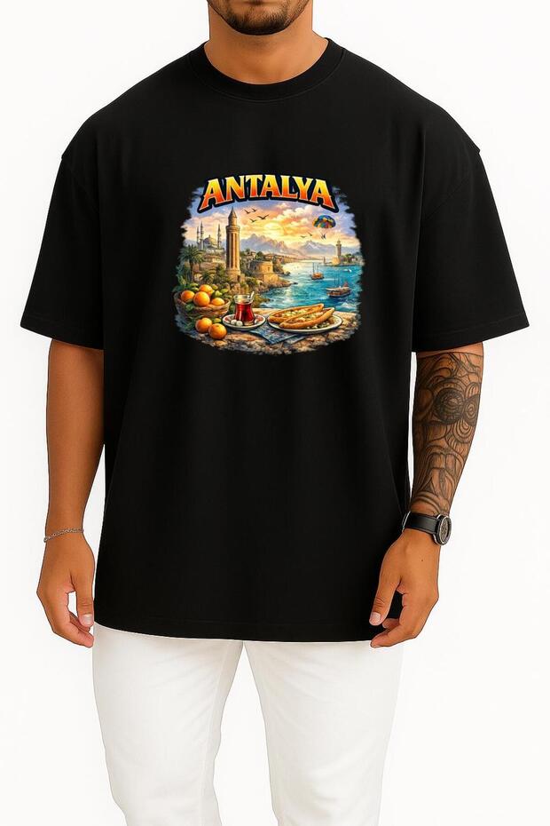 Oversized Antalya Special Design Chest Printed Unisex T-Shirt