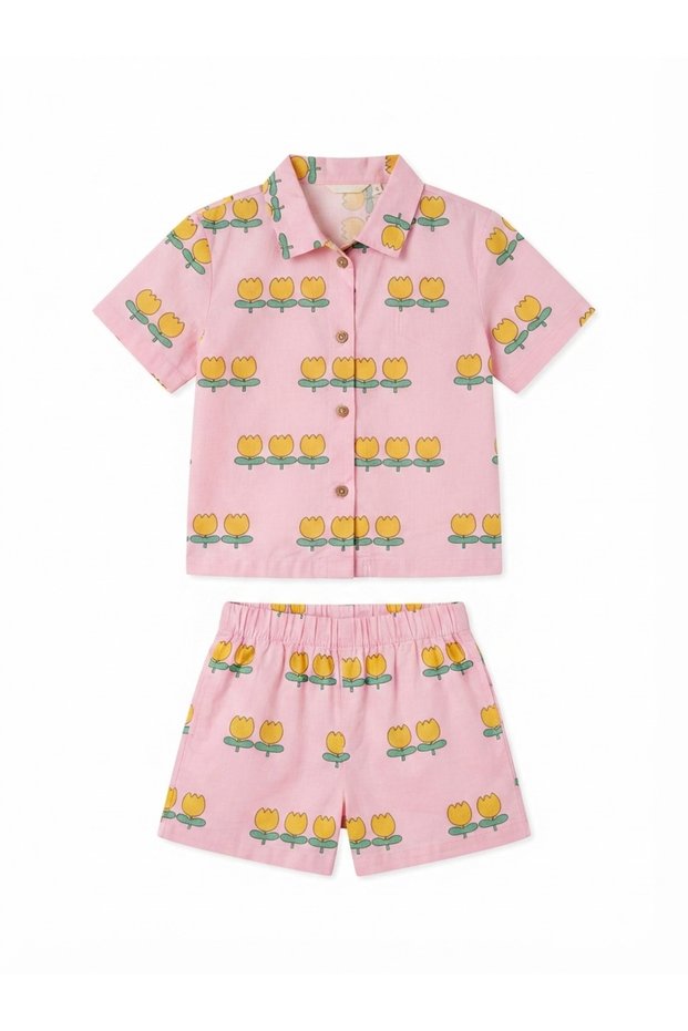 Tulip Pattern Pink Shirt Muslin Fabric Top and Bottom Set