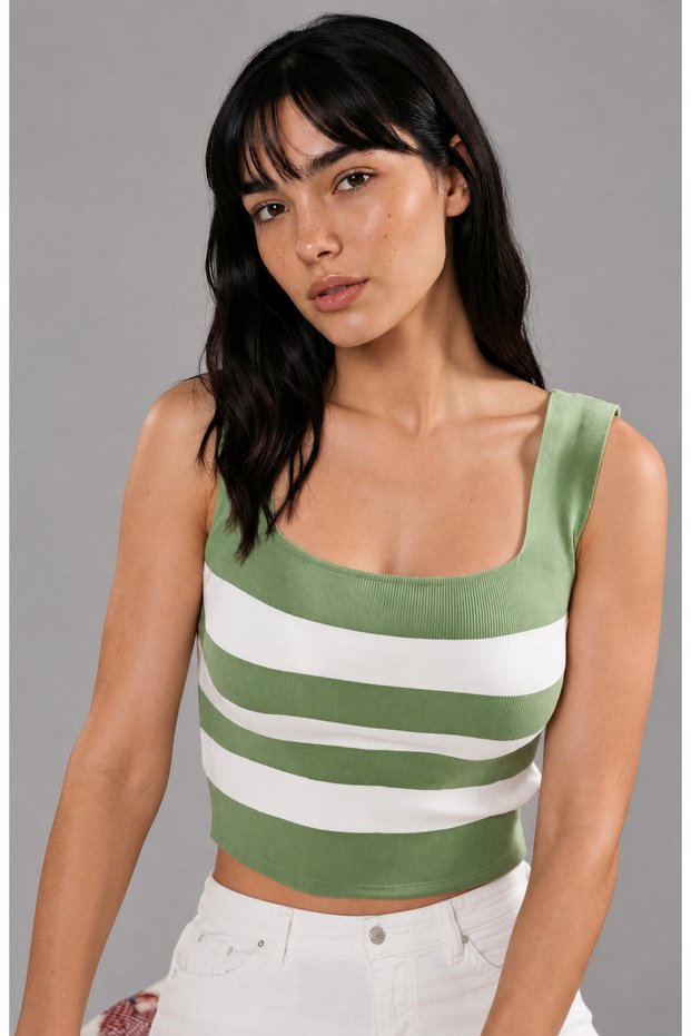 Square Neck Striped Knitwear Athlete Women's Slim Fit Stylish Knitwear Blouse