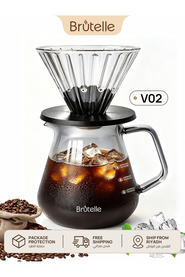 طقم تقطير القهوة الزجاجي V60 سعة 600 مل، صانع قهوة يدوي V02، تصميم سميك مقاوم للحرارة من زجاج البورسليكات، لتحضير القهوة بدقة للمنزل والمكتب وركن القهوة