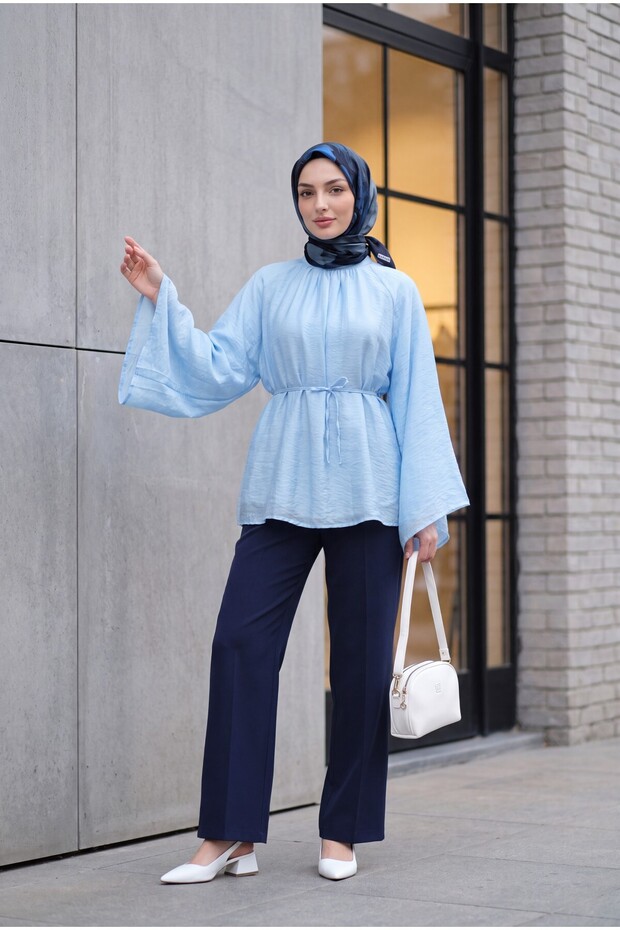 Hakim Collar Belted Lined Spanish Sleeve Oversize Lyocell Tunic - Baby Blue
