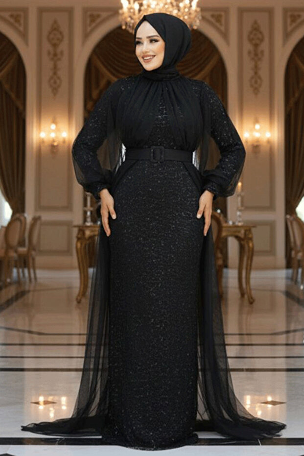 Sequined Black Hijab Evening Dress 5441S