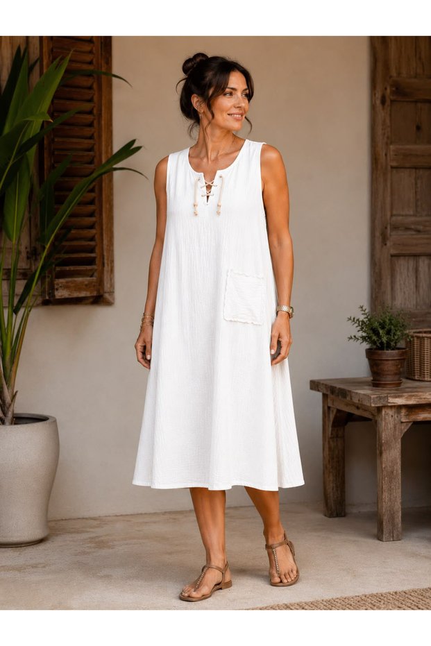 Women's White 100% Cotton Muslin Fabric Casual Bell Dress with Pockets