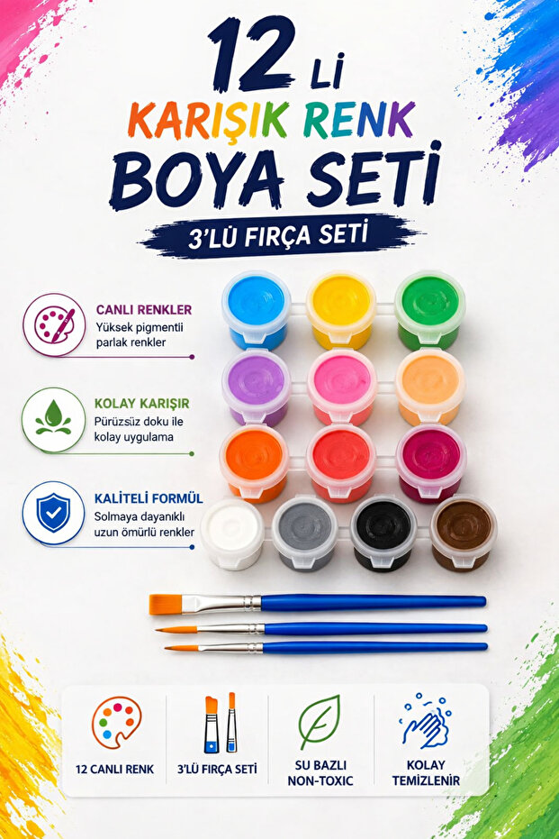 12-Piece Acrylic Paint Set + 3-Piece Brush Set --(12-Piece Paint + 3-Piece Brush)---