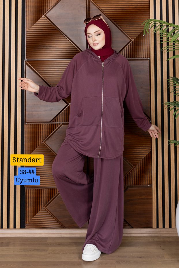 Women's Modal Pique Fabric Hooded Kangaroo Pocket Hijab Set 3213 Claret Red - Special Series
