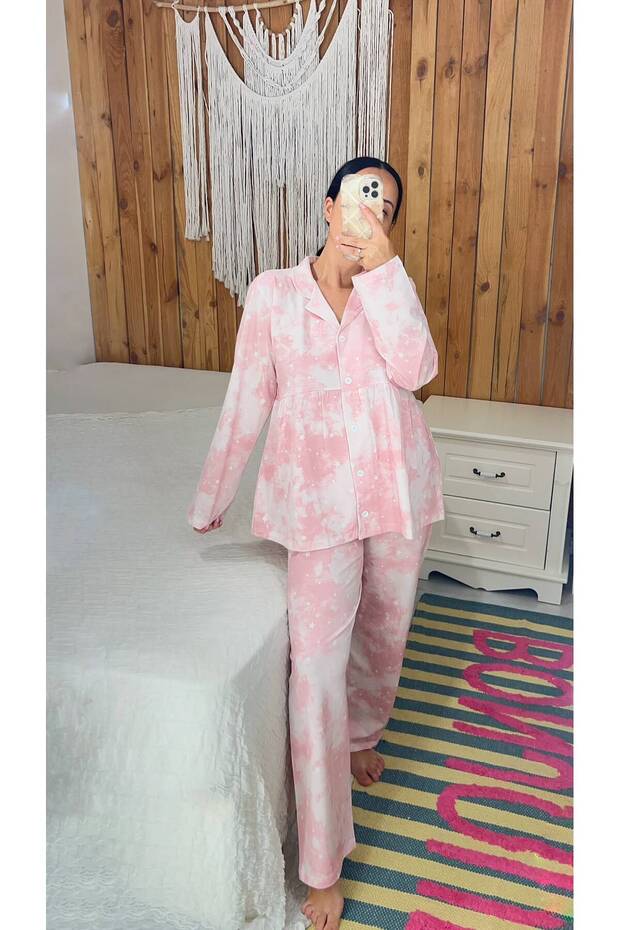 Long Sleeve White Star Patterned Lycra Cotton Fabric Maternity Pajama Set