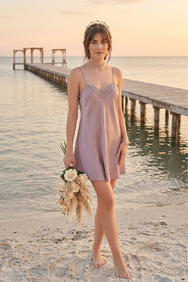 Lace Collar Short Satin Nightgown-Bridal & Honeymoon Collection