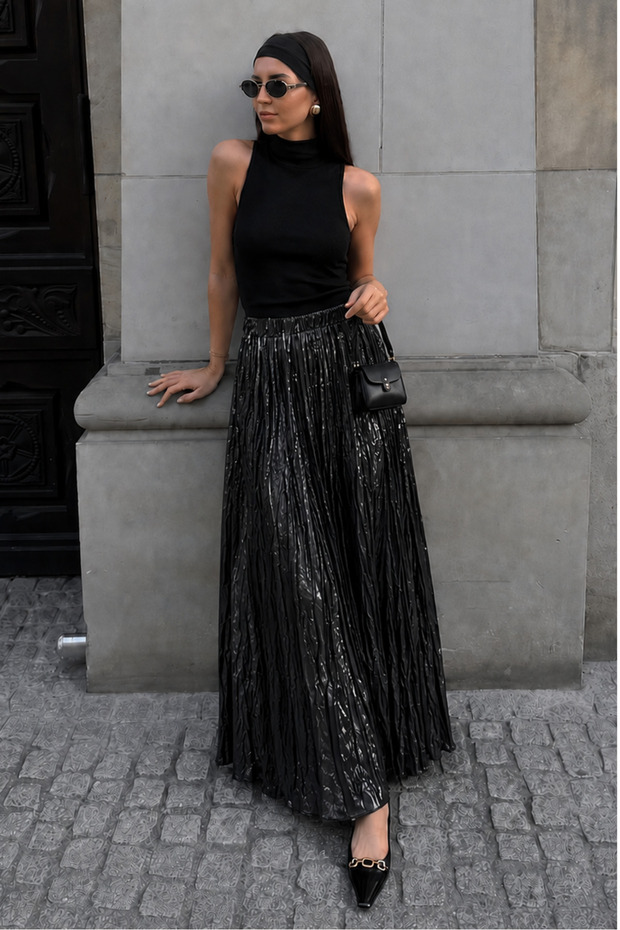 Shiny Black Wrinkled Pattern Women's Skirt Mg2290
