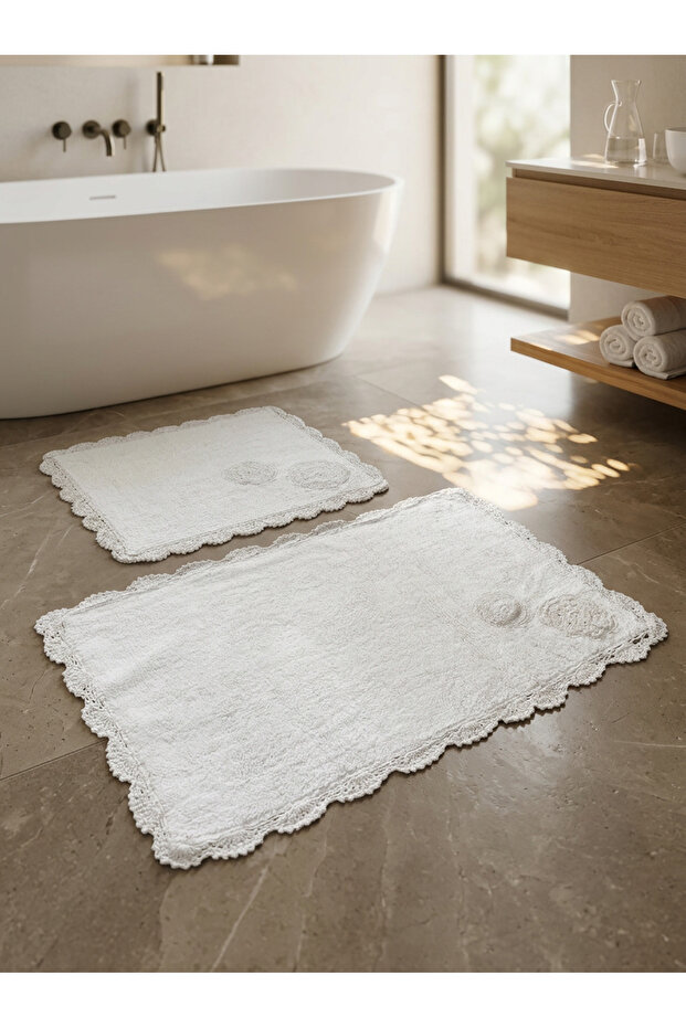 Vellore Soft, Hand-Knitted, Dowry-Style, Absorbent 2-Piece 100% Cotton Ultra Luxury Bath Mat Set