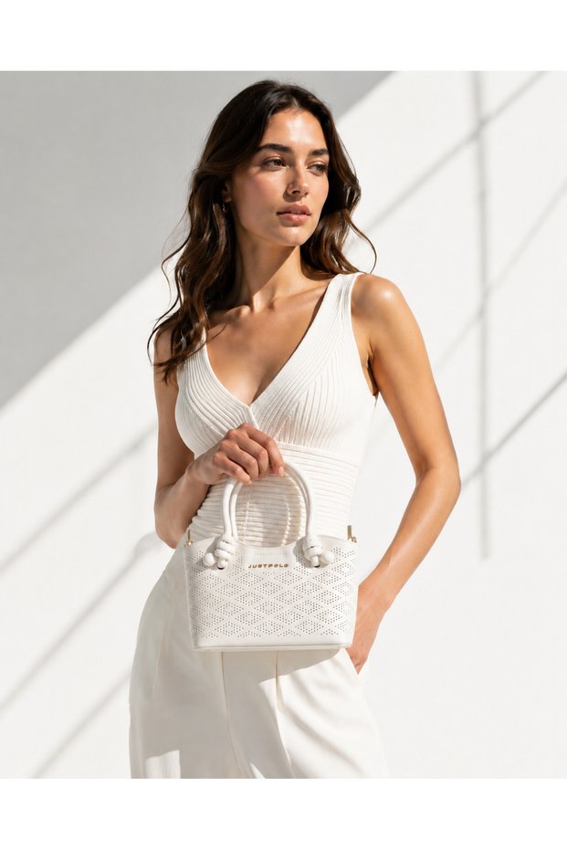 Elite Imported Women's White Mini Hand and Shoulder Bag with Gold Detail Dimensions Width 21 cm Length 14 cm