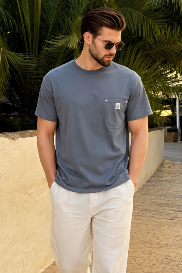 Smoked Pocket Crew Neck Basic T-Shirt E7149