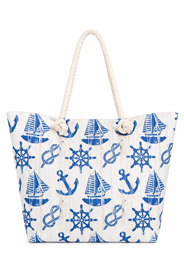 Women's Sailor Patterned Zippered Large Size Beach Bag with Rope Handle Daily Shoulder Bag