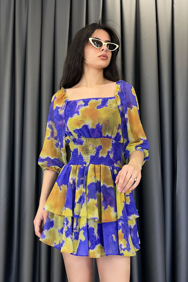 Double Layered Skirt with Elastic Waist Detail Mini Dress - Purple Mor