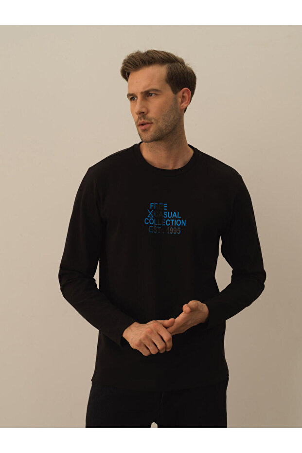 Men's Black Cotton Textured Regular Fit Long Sleeve T-Shirt