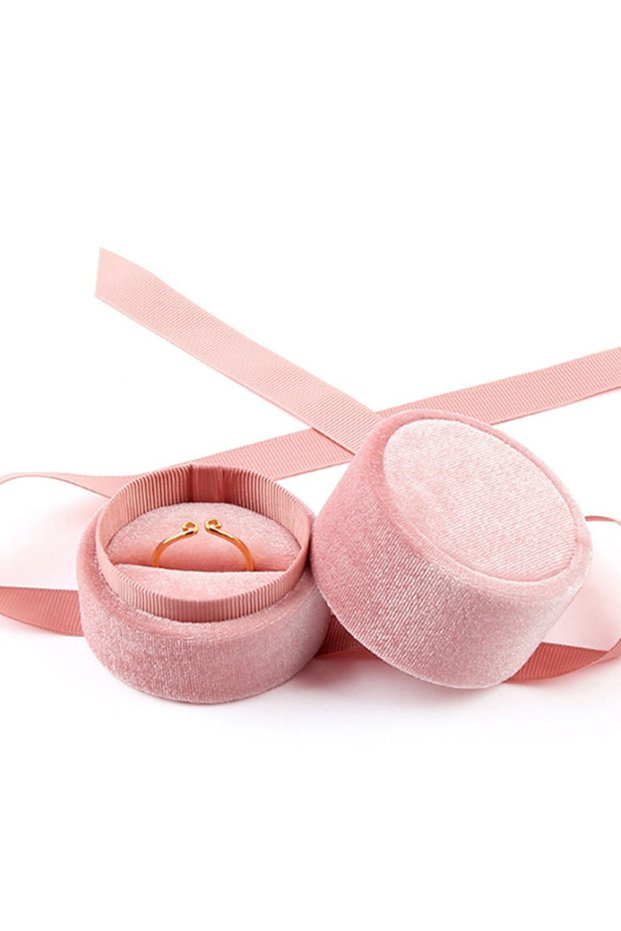 pink-Big ring box pink velvet Round Bowknot jewelry box for Wedding Engagement Ring Earrings Necklac