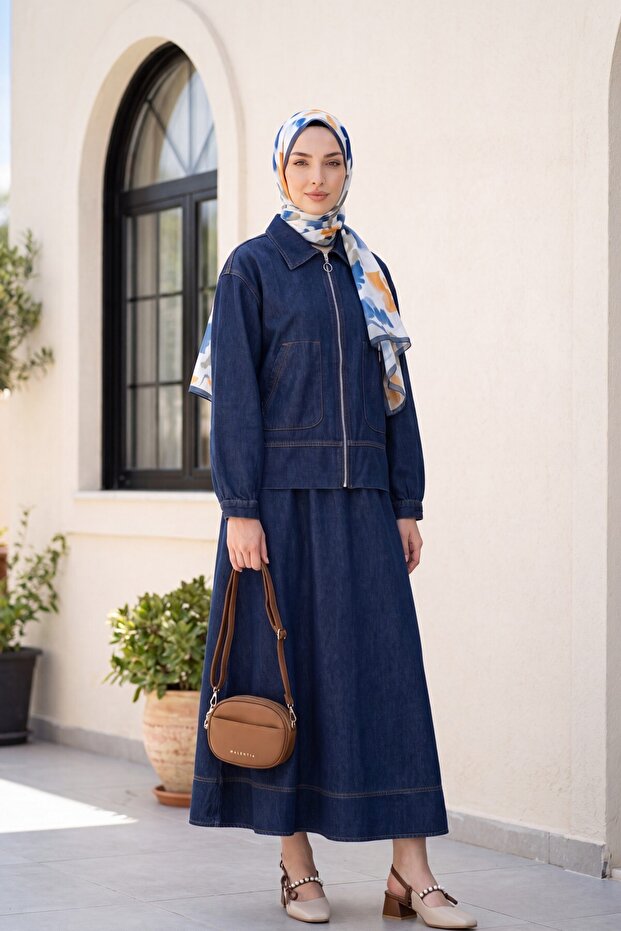 Denim Suit with Front Zipper and Double Pockets - Dark Navy Blue