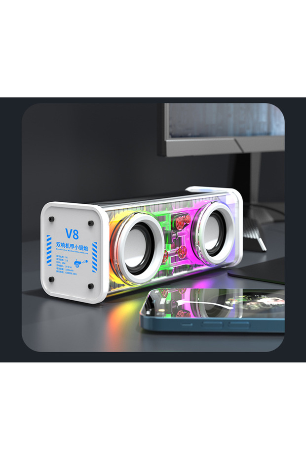 White V8 Transparent Mecha Speakers Bluetooth 5.0 Wireless Double Bass Diaphragm Subwoofer Music TWS