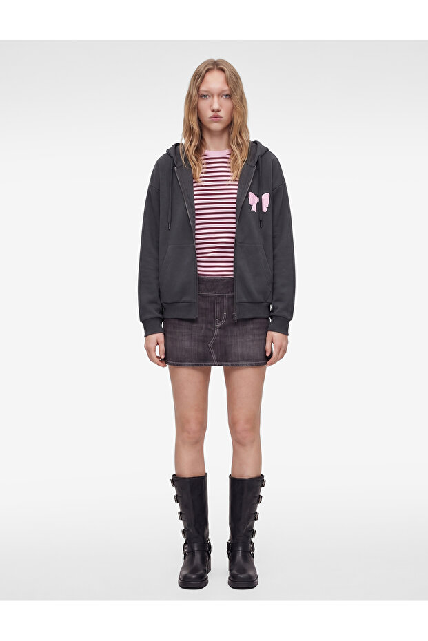 Oversized Sweatshirt with Zippered Hood, Kangaroo Pocket, Bow Print on the Back and Raised Letters